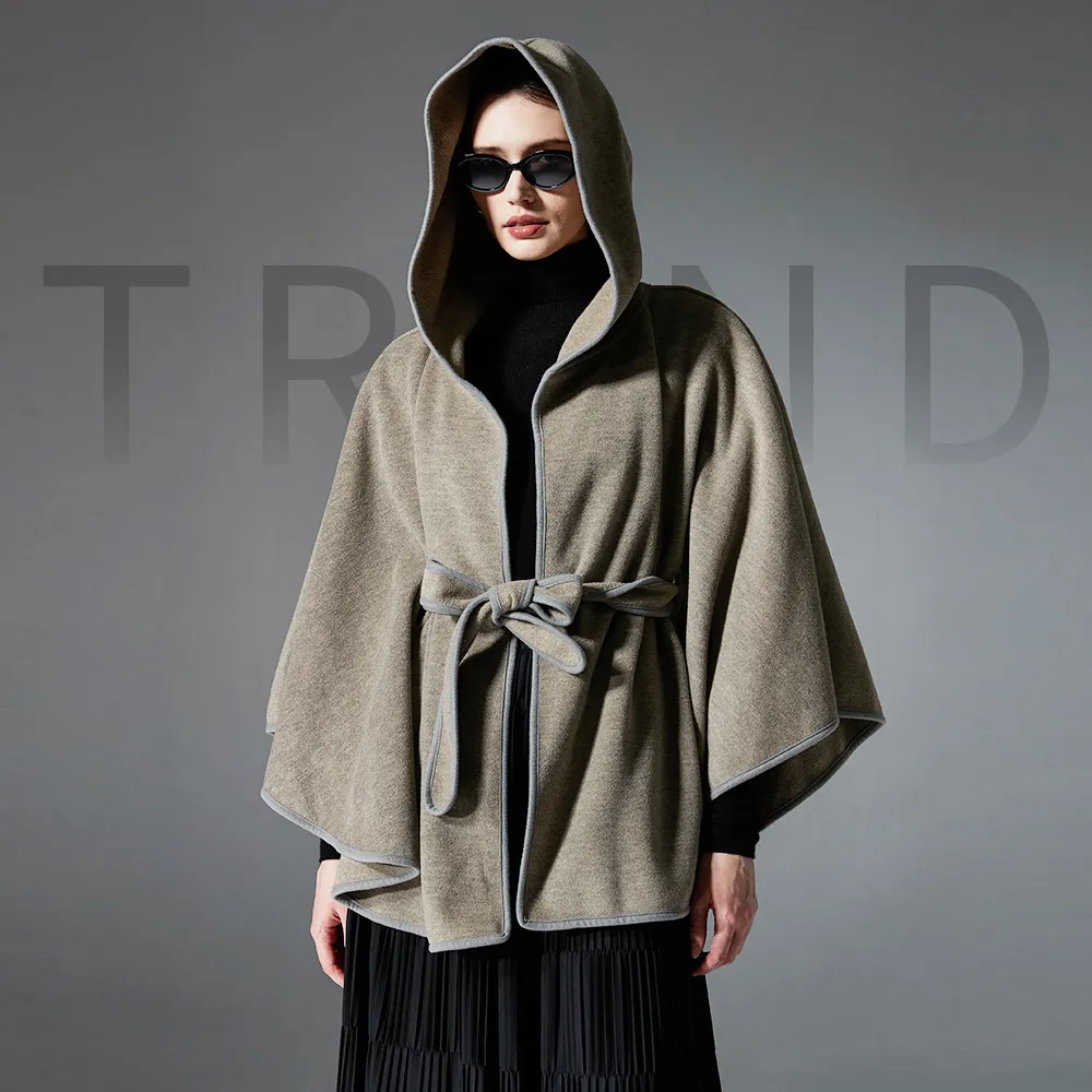Custom Fall Solid Color Hooded Shawl With Belt