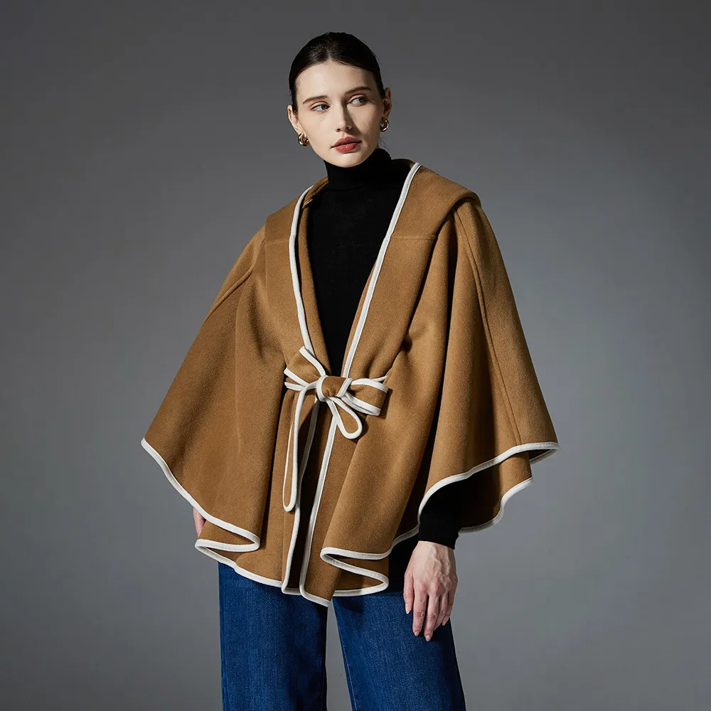 Custom Fall Solid Color Hooded Shawl With Belt