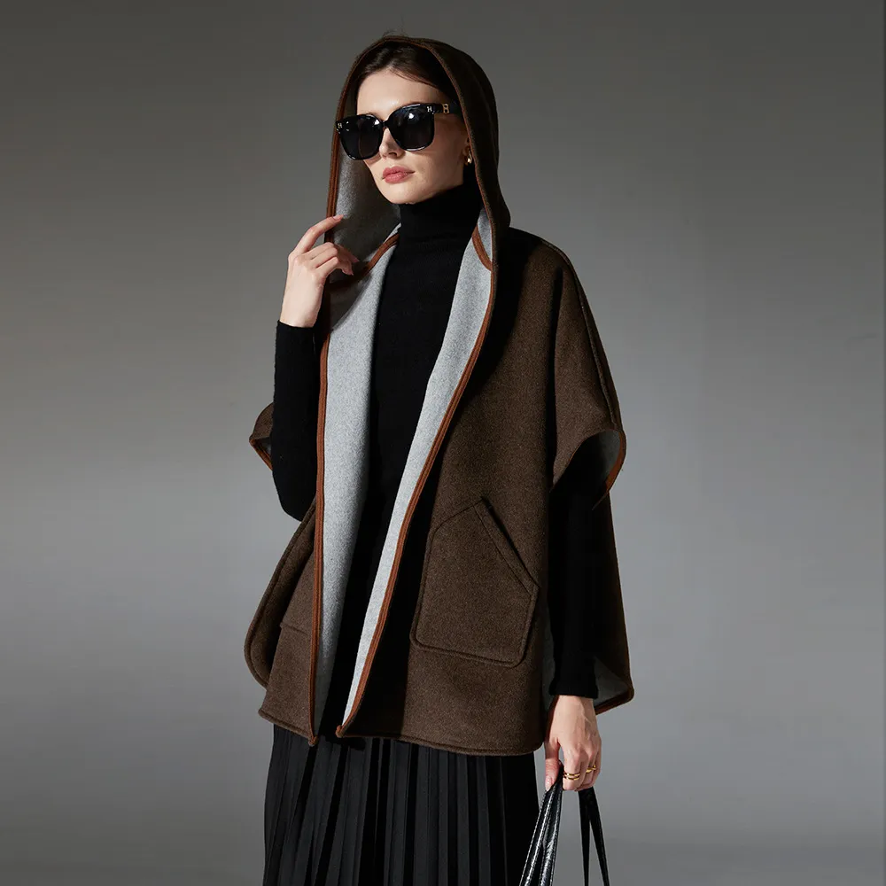 Custom Hooded Cashmere Wool Shawl With Pockets
