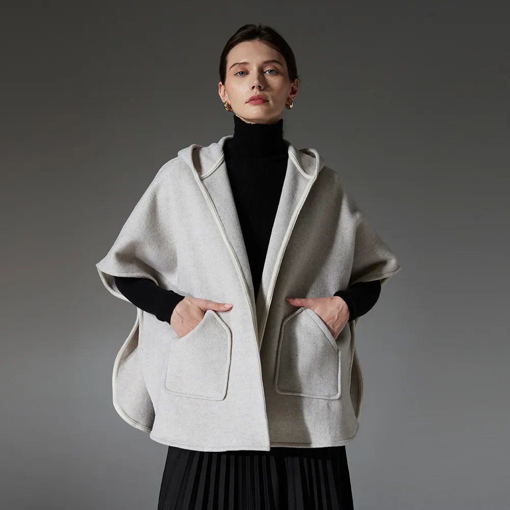 Custom Hooded Cashmere Wool Shawl With Pockets