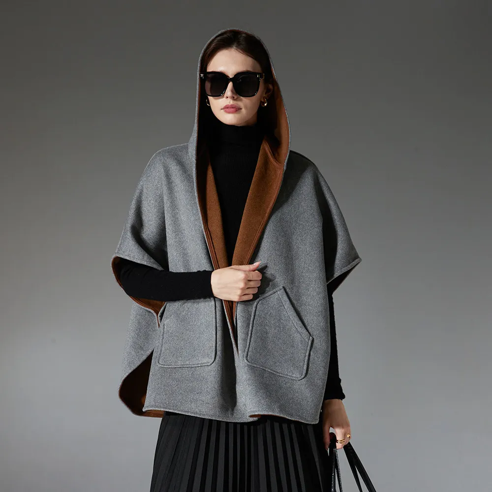 Custom Hooded Cashmere Wool Shawl With Pockets