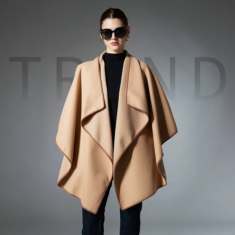 Custom Irregular Hem Knit Plain Camel Shawl Cape