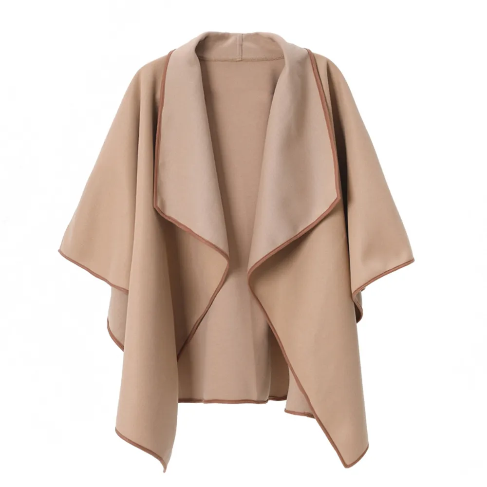 Custom Irregular Hem Knit Plain Camel Shawl Cape