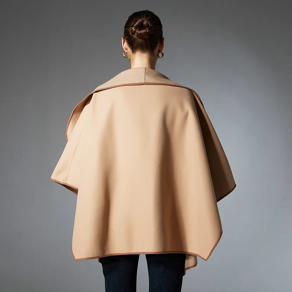Custom Irregular Hem Knit Plain Camel Shawl Cape