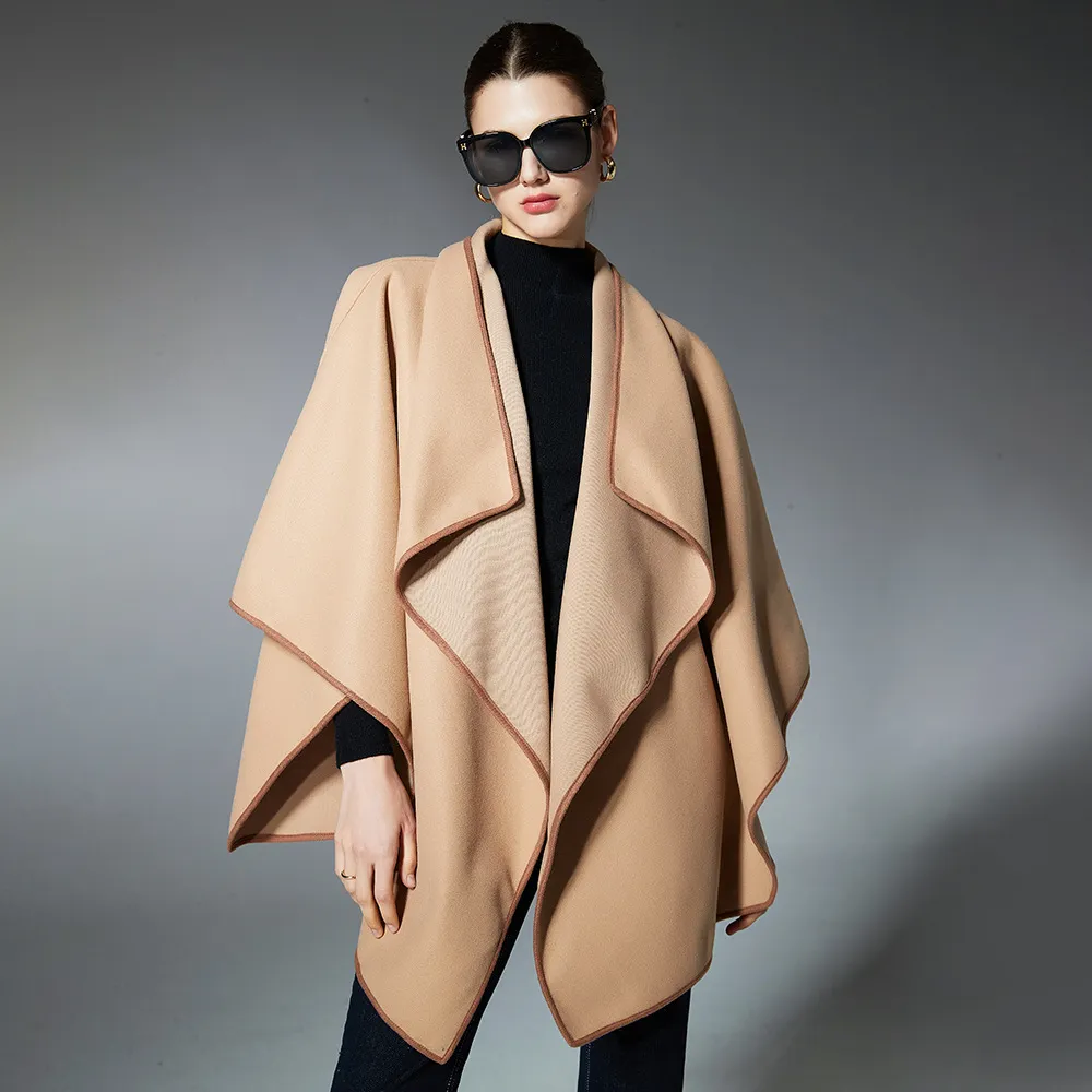 Custom Irregular Hem Knit Plain Camel Shawl Cape