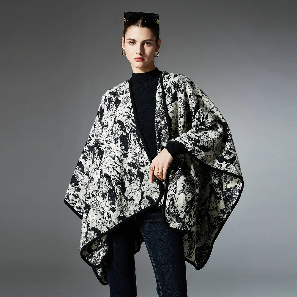 Custom Ladies Ink Painting Jacquard Black Shawl