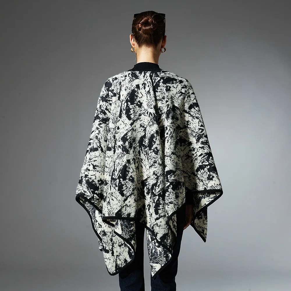 Custom Ladies Ink Painting Jacquard Black Shawl