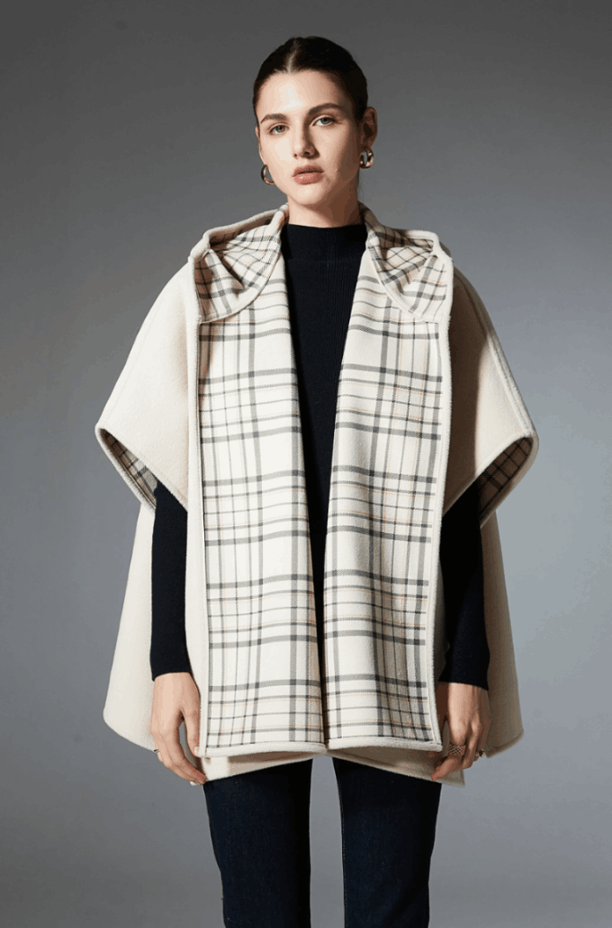Custom Lady Plaid Hooded Shawl Wrap With Sleeves