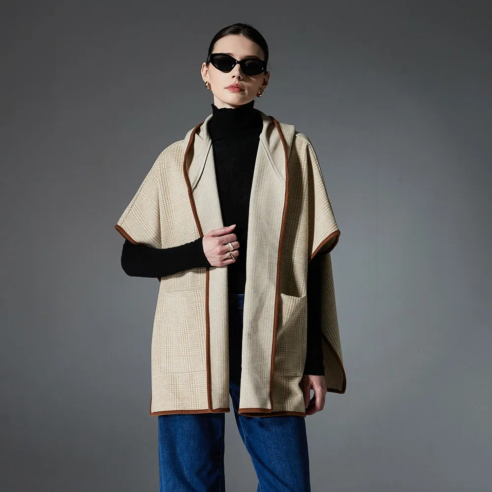Custom Mid sleeves Plaid Hooded Shawl With Pockets