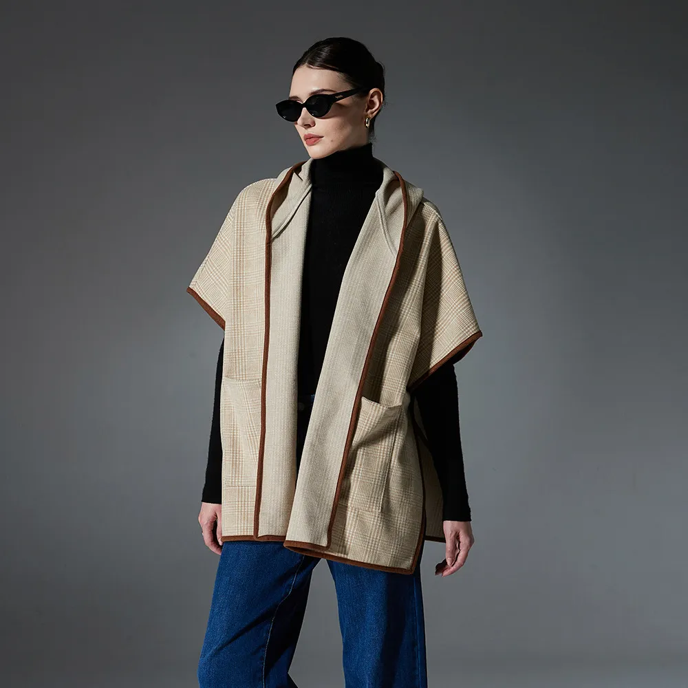 Custom Mid sleeves Plaid Hooded Shawl With Pockets