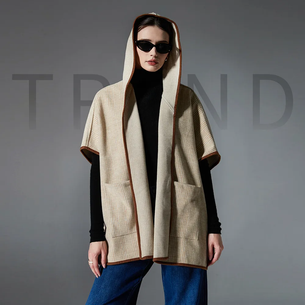Custom Mid sleeves Plaid Hooded Shawl With Pockets