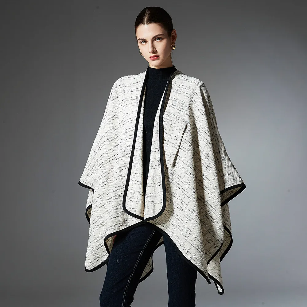 Custom Open Front Side Strap Plaid Beige Shawl