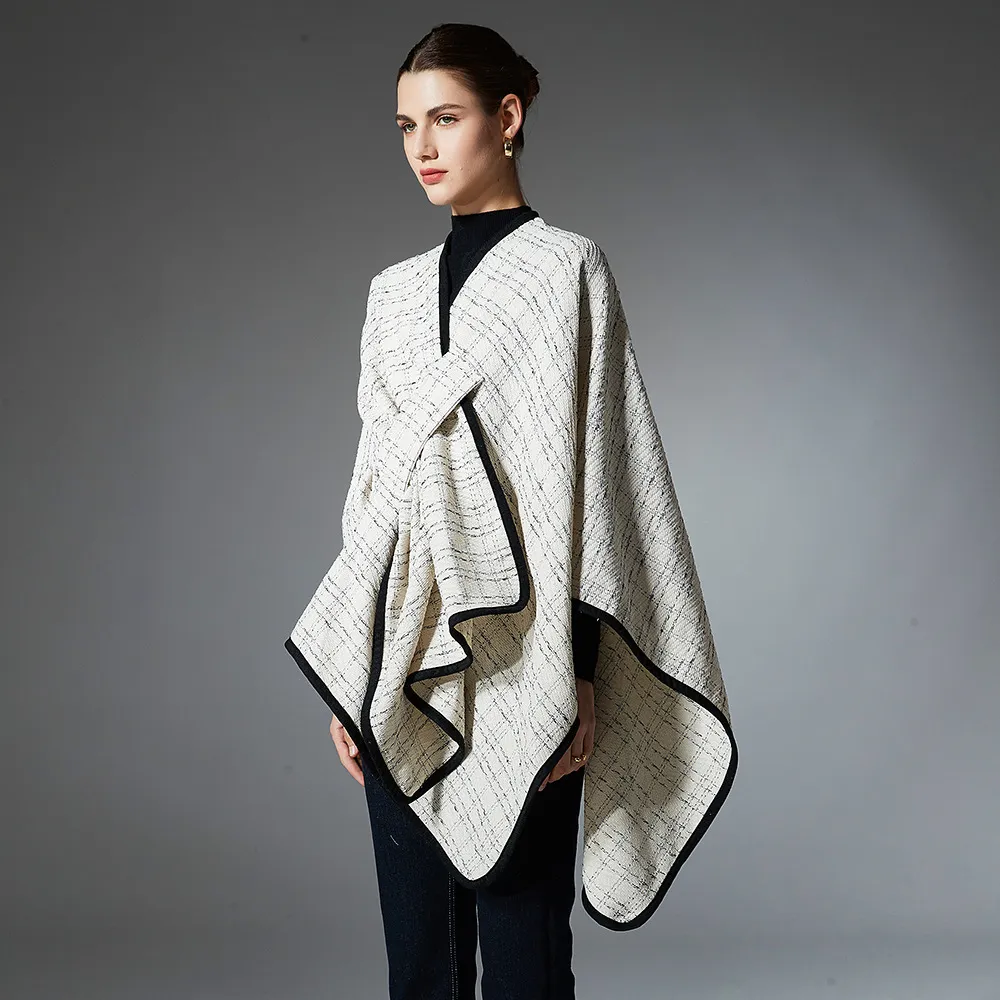 Custom Open Front Side Strap Plaid Beige Shawl