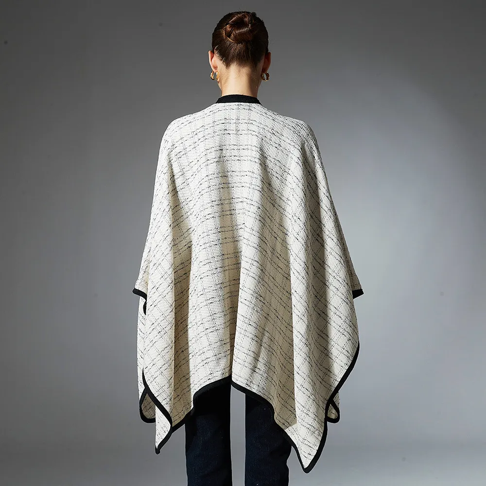 Custom Open Front Side Strap Plaid Beige Shawl