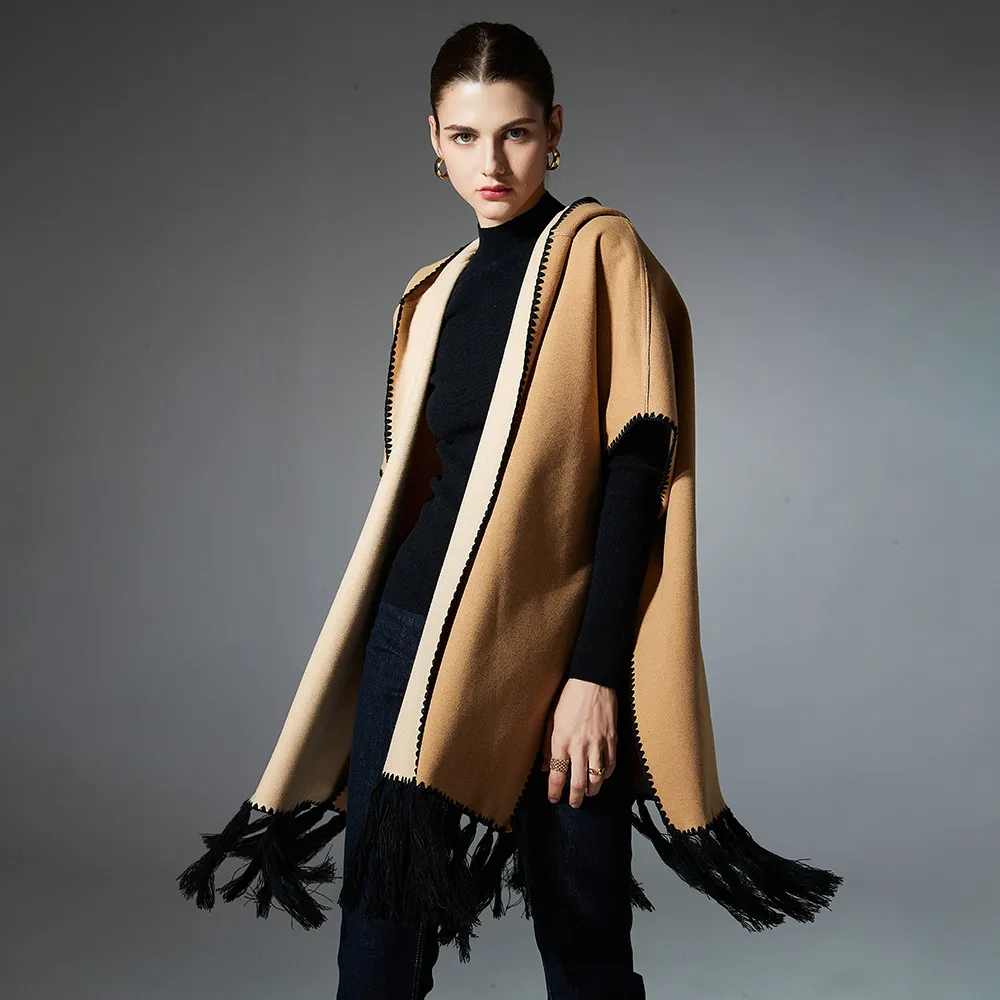 Custom Reversible Camel Tassel Hooded Shawl