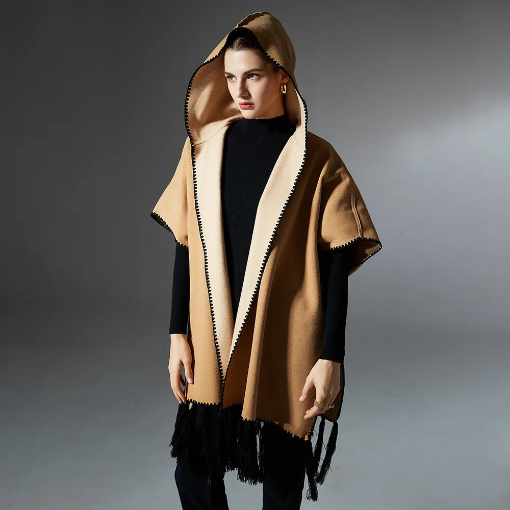 Custom Reversible Camel Tassel Hooded Shawl