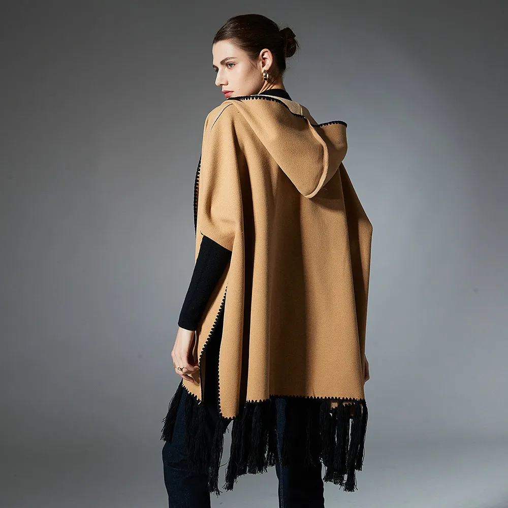Custom Reversible Camel Tassel Hooded Shawl