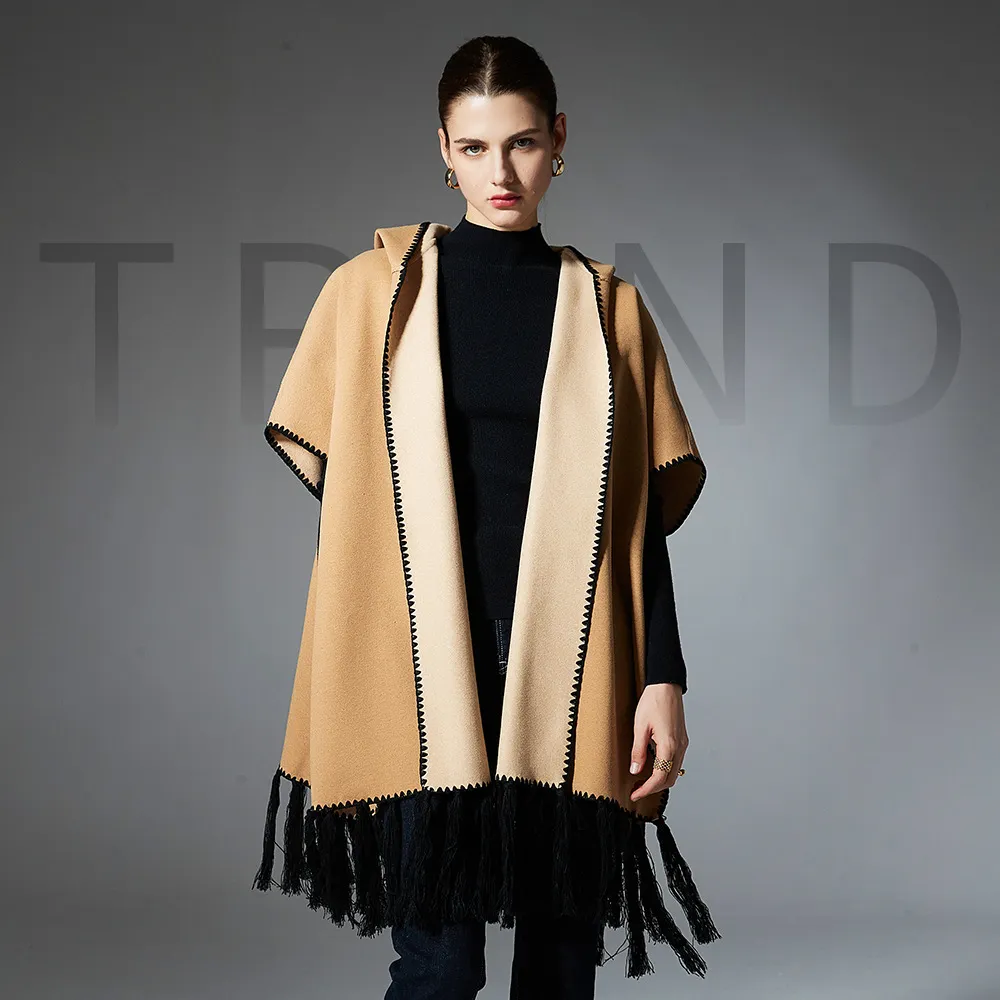 Custom Reversible Camel Tassel Hooded Shawl