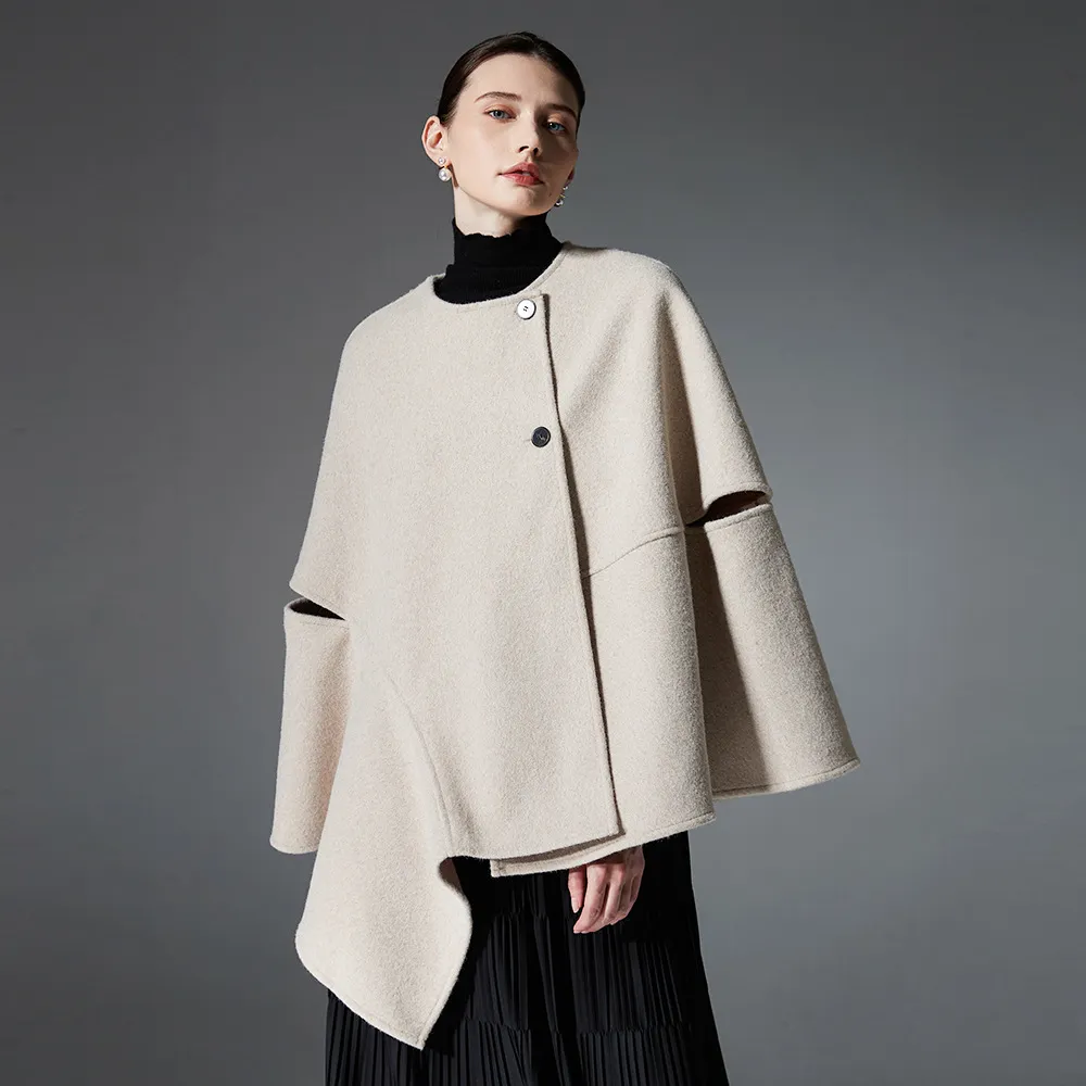 Custom Solid Irregular Hem Button Shawl Wrap
