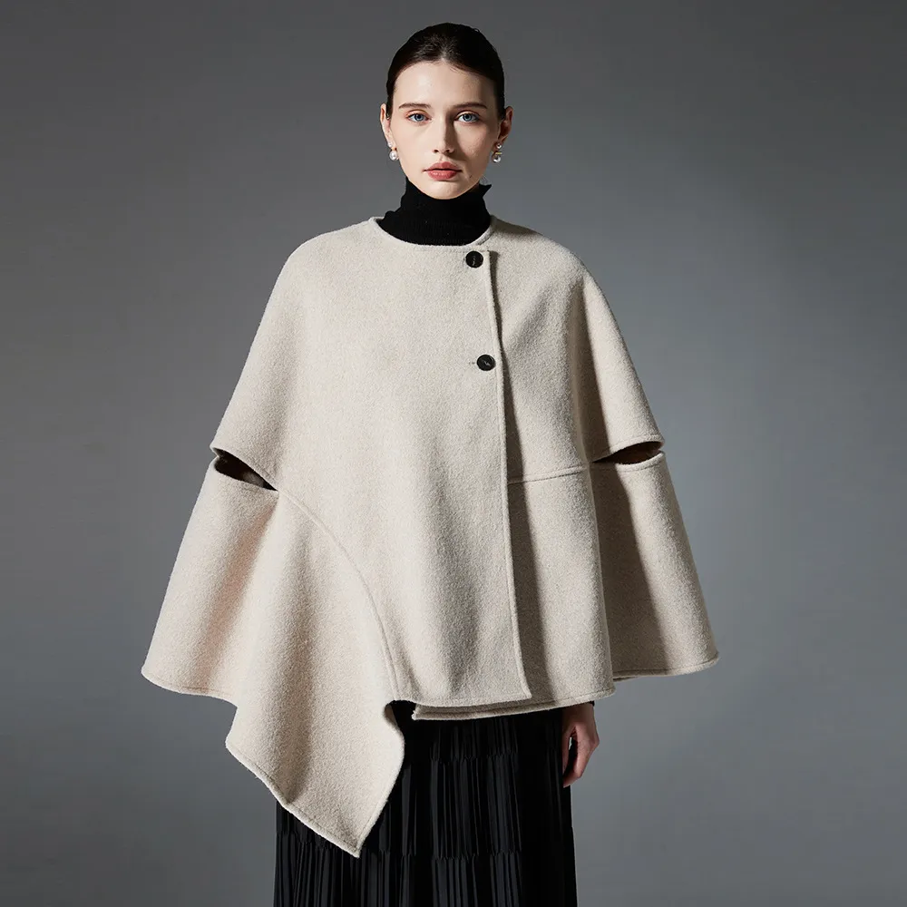 Custom Solid Irregular Hem Button Shawl Wrap