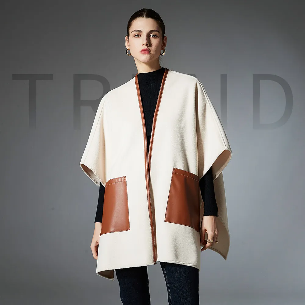 Custom Solid Leather Pocket Beige Shawl Wraps