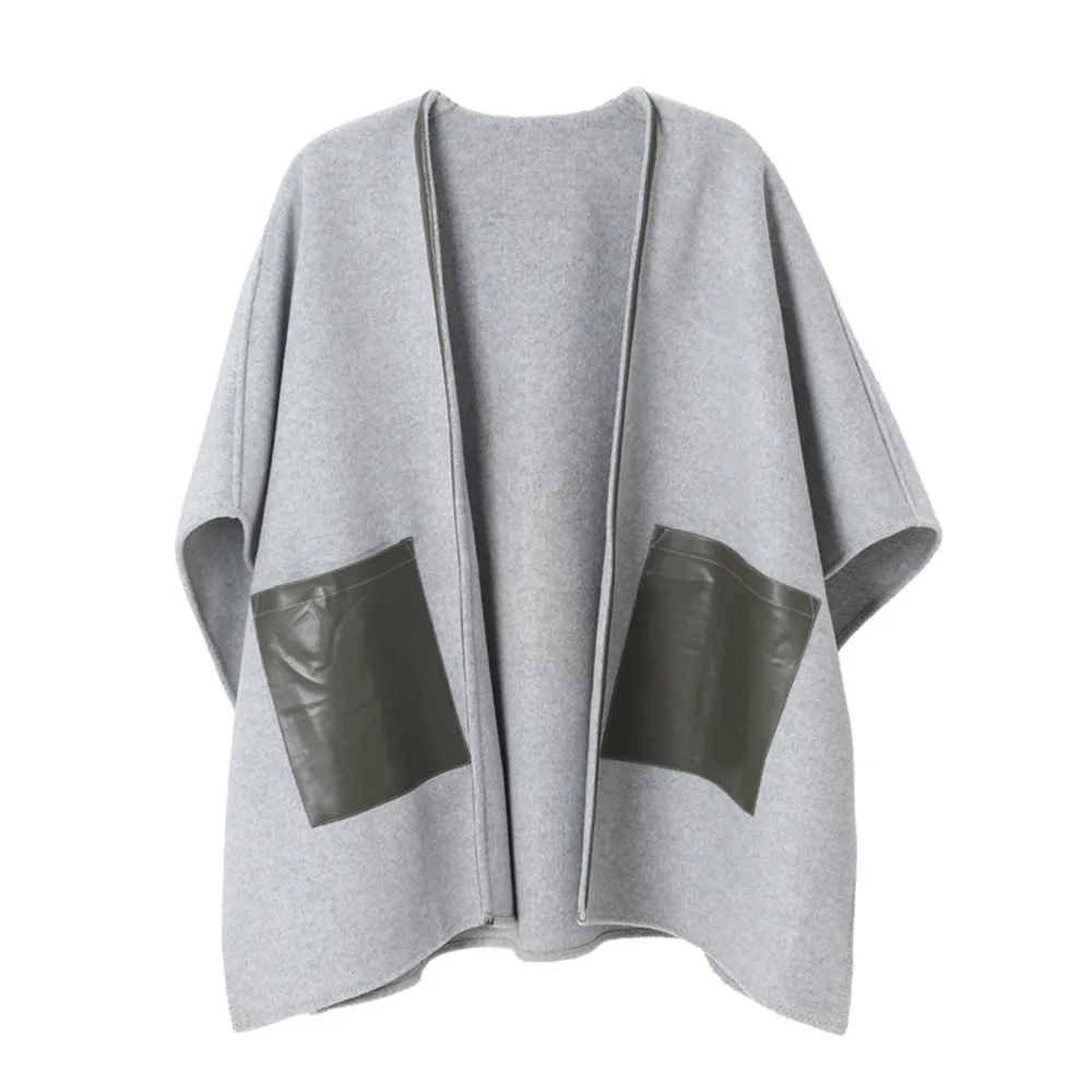 Custom Solid Leather Pocket Beige Shawl Wraps