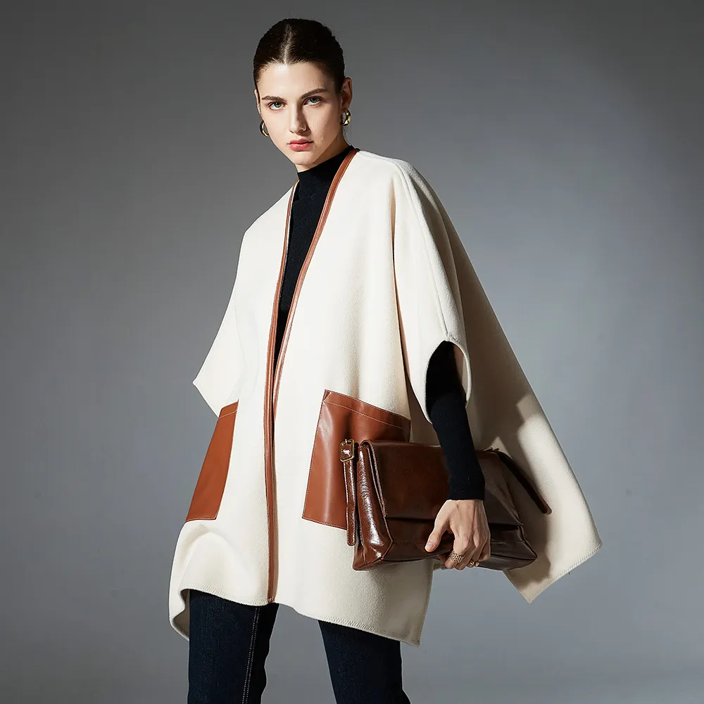 Custom Solid Leather Pocket Beige Shawl Wraps