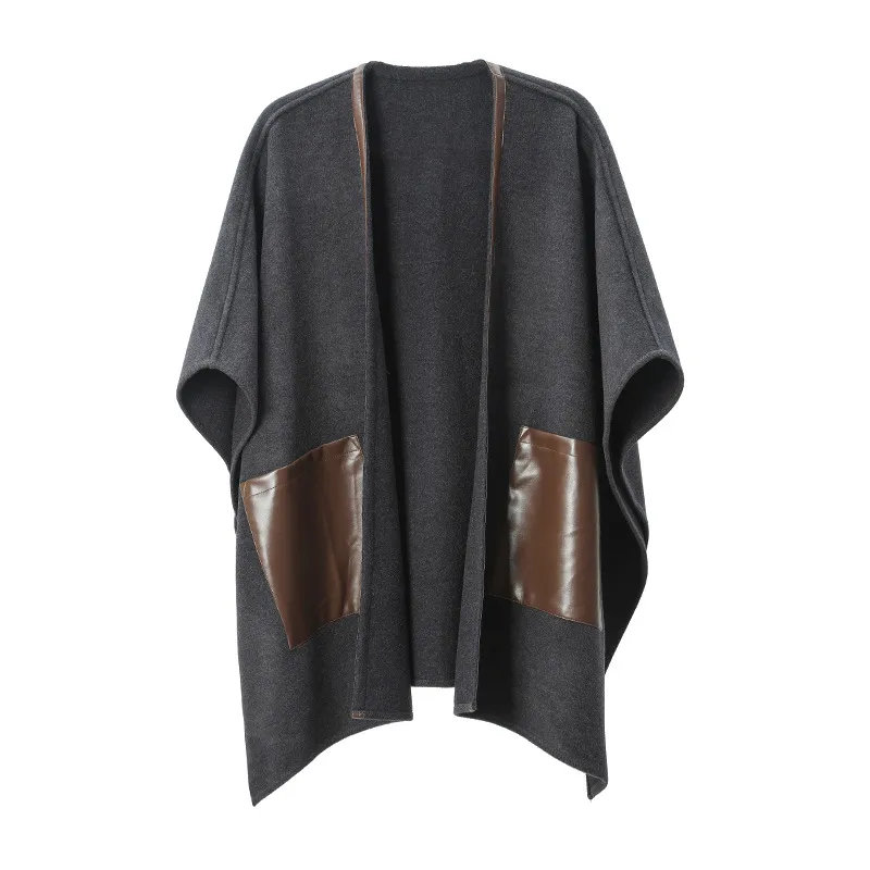 Custom Solid Leather Pocket Beige Shawl Wraps