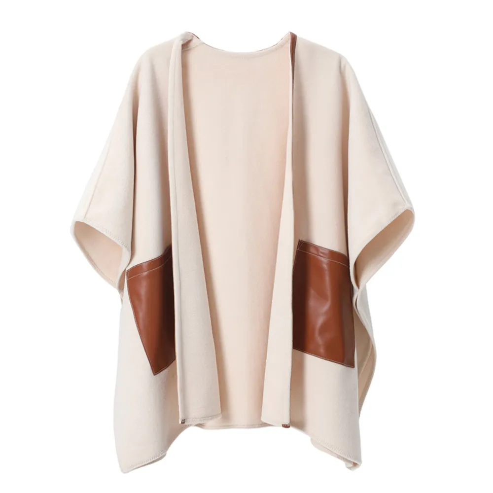 Custom Solid Leather Pocket Beige Shawl Wraps