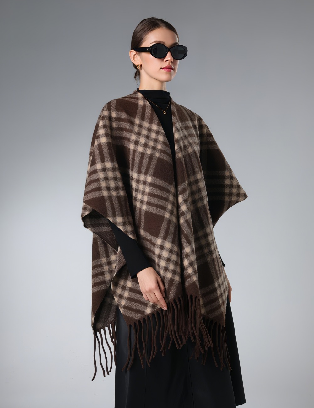 Customized Brown Plaid Shawl With Fringe