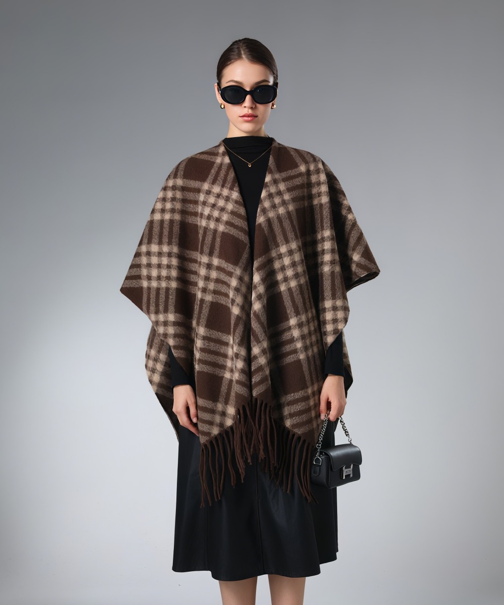 Customized Brown Plaid Shawl With Fringe