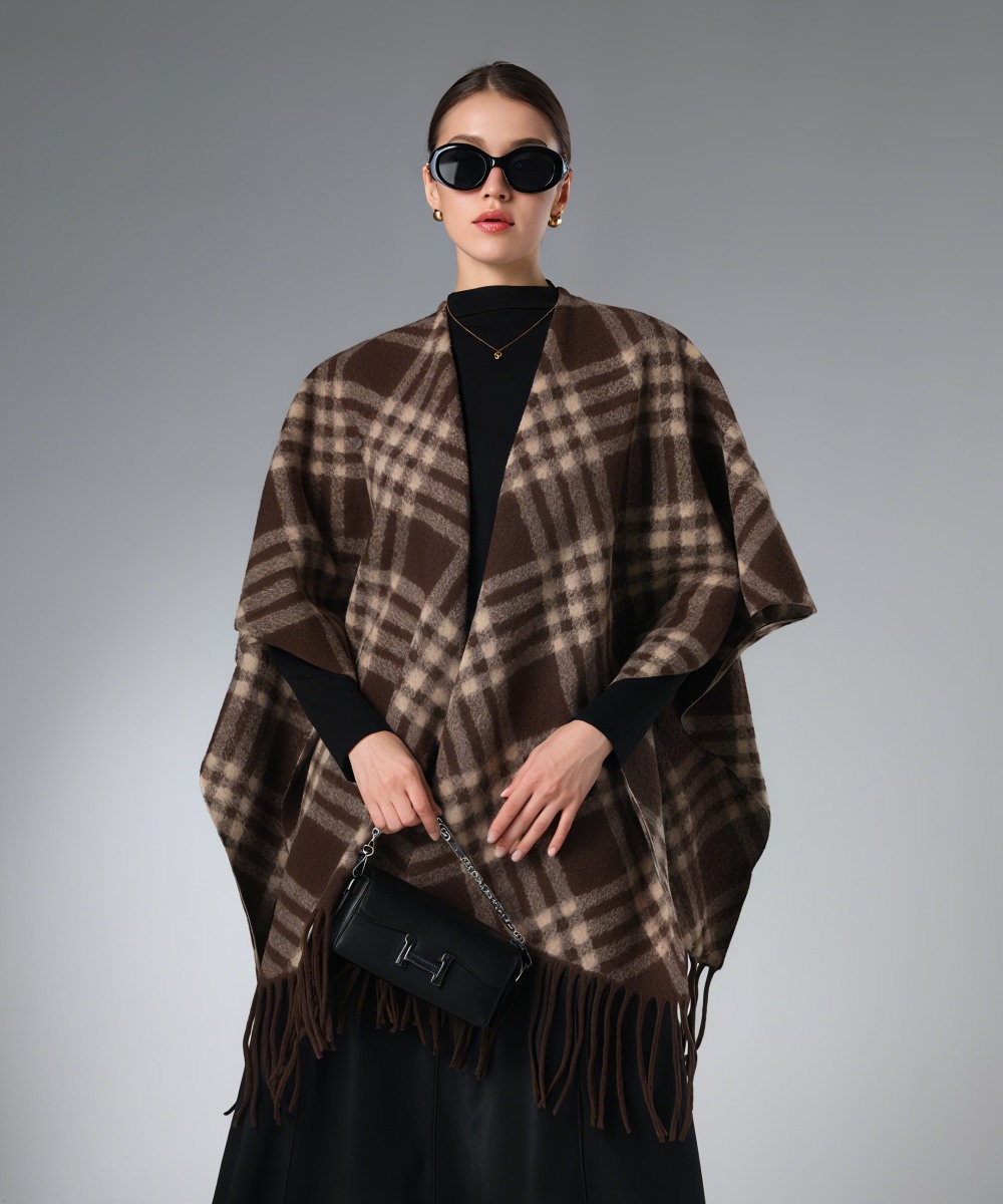 Customized Brown Plaid Shawl With Fringe