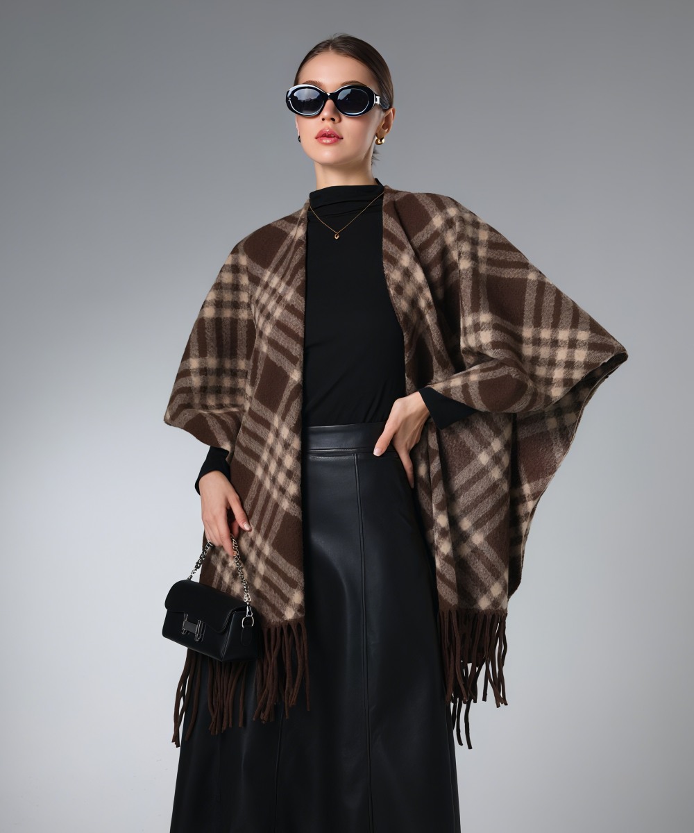 Customized Brown Plaid Shawl With Fringe