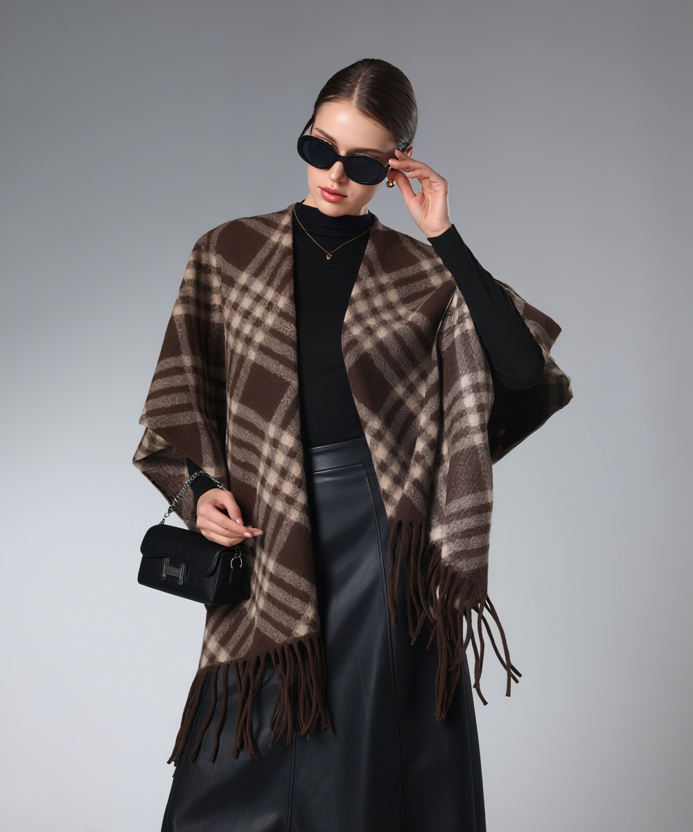Customized Brown Plaid Shawl With Fringe