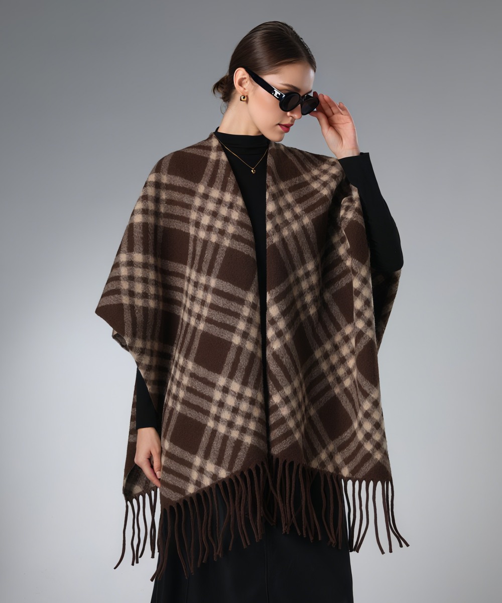 Customized Brown Plaid Shawl With Fringe