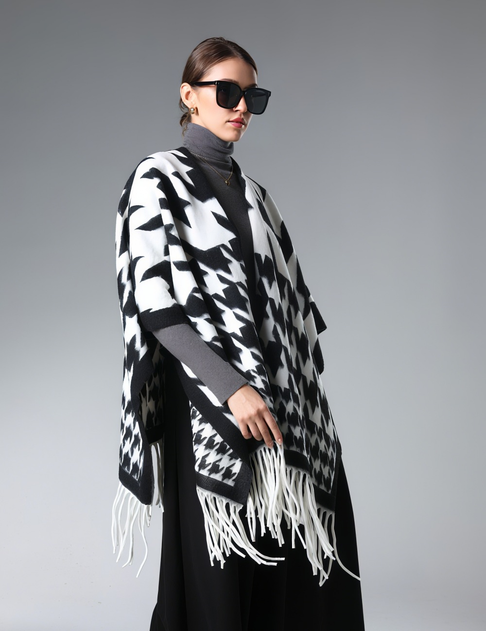 Customized Houndstooth Shawl With Fringe