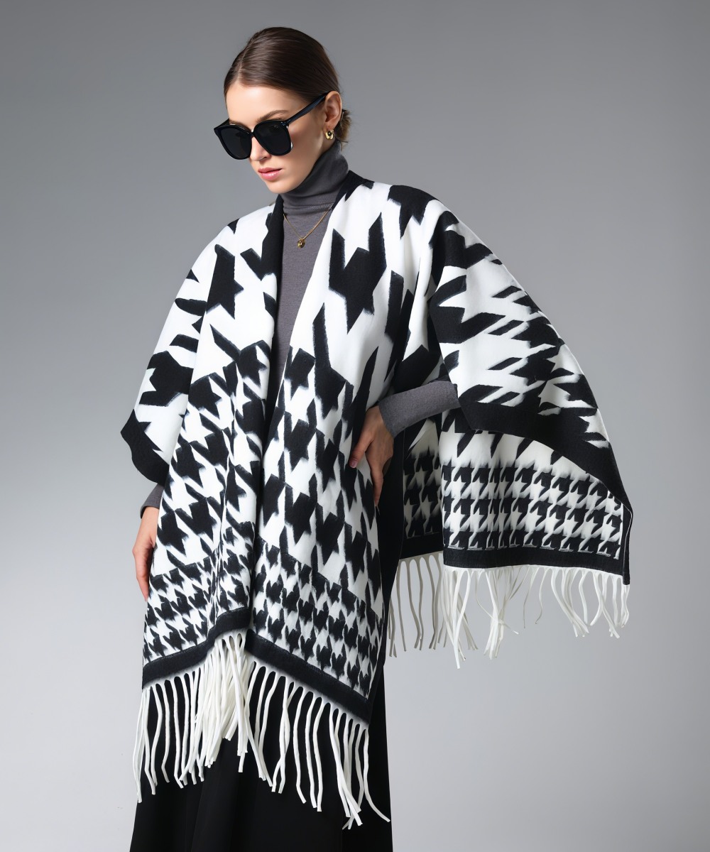 Customized Houndstooth Shawl With Fringe