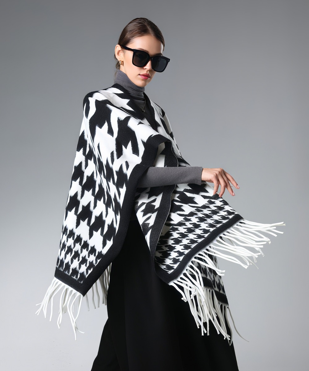 Customized Houndstooth Shawl With Fringe