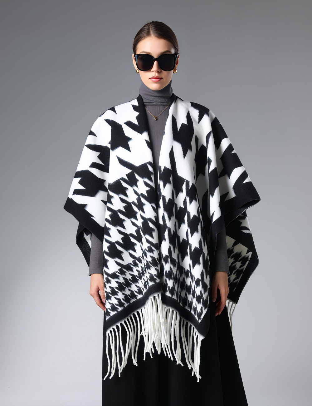 Customized Houndstooth Shawl With Fringe