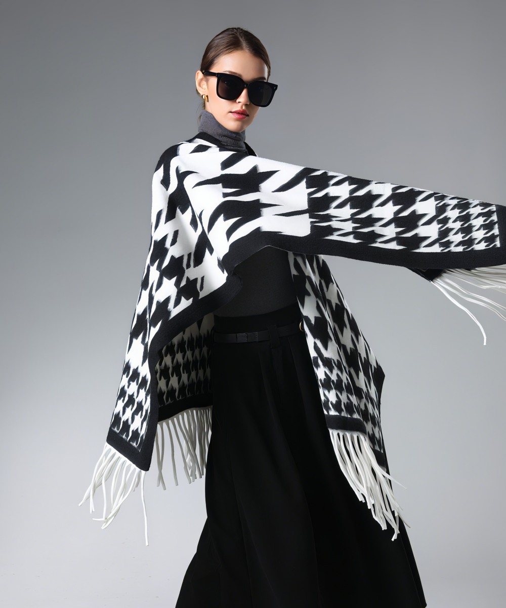 Customized Houndstooth Shawl With Fringe