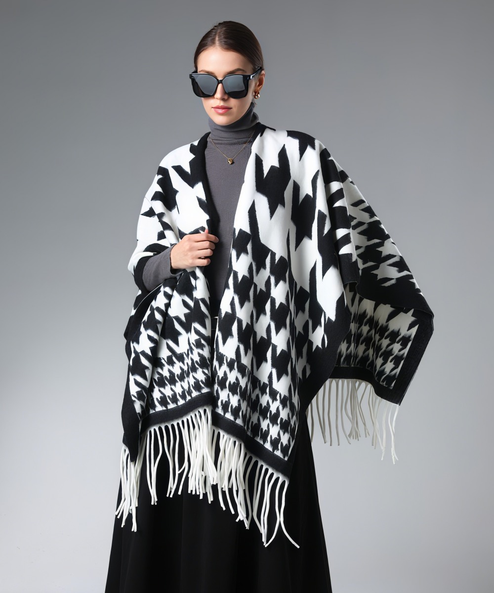 Customized Houndstooth Shawl With Fringe