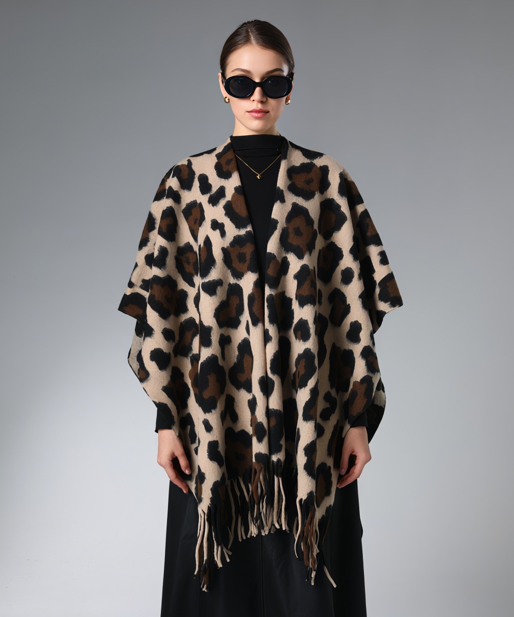 Customized Warm Brown Leopard Print Shawl With Fringe