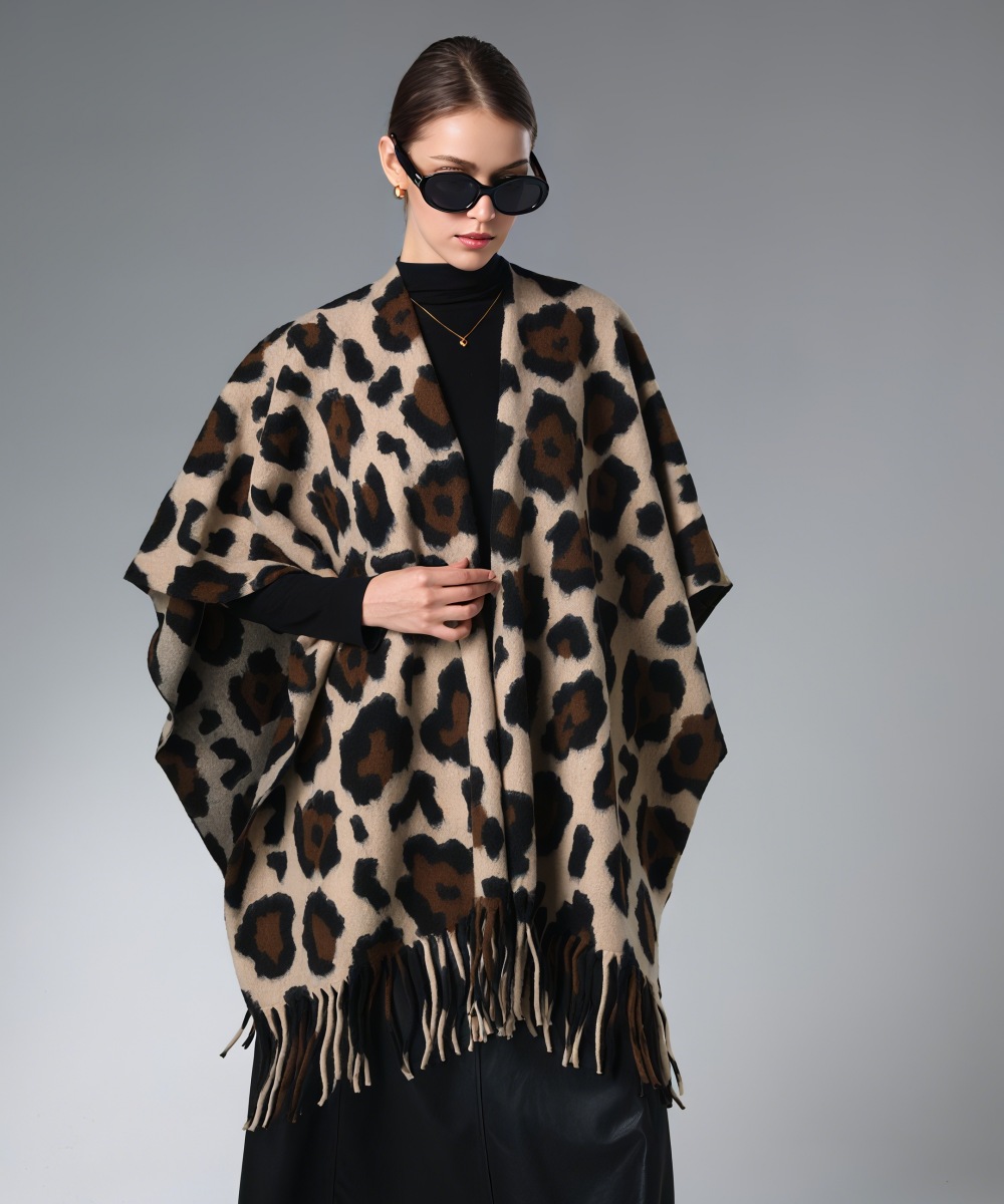 Customized Warm Brown Leopard Print Shawl With Fringe