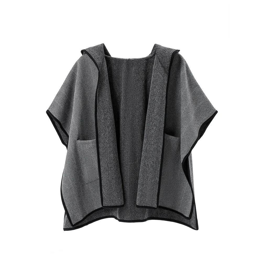 Custon Dark Grey Herringbone Hooded Shawl With Pockets