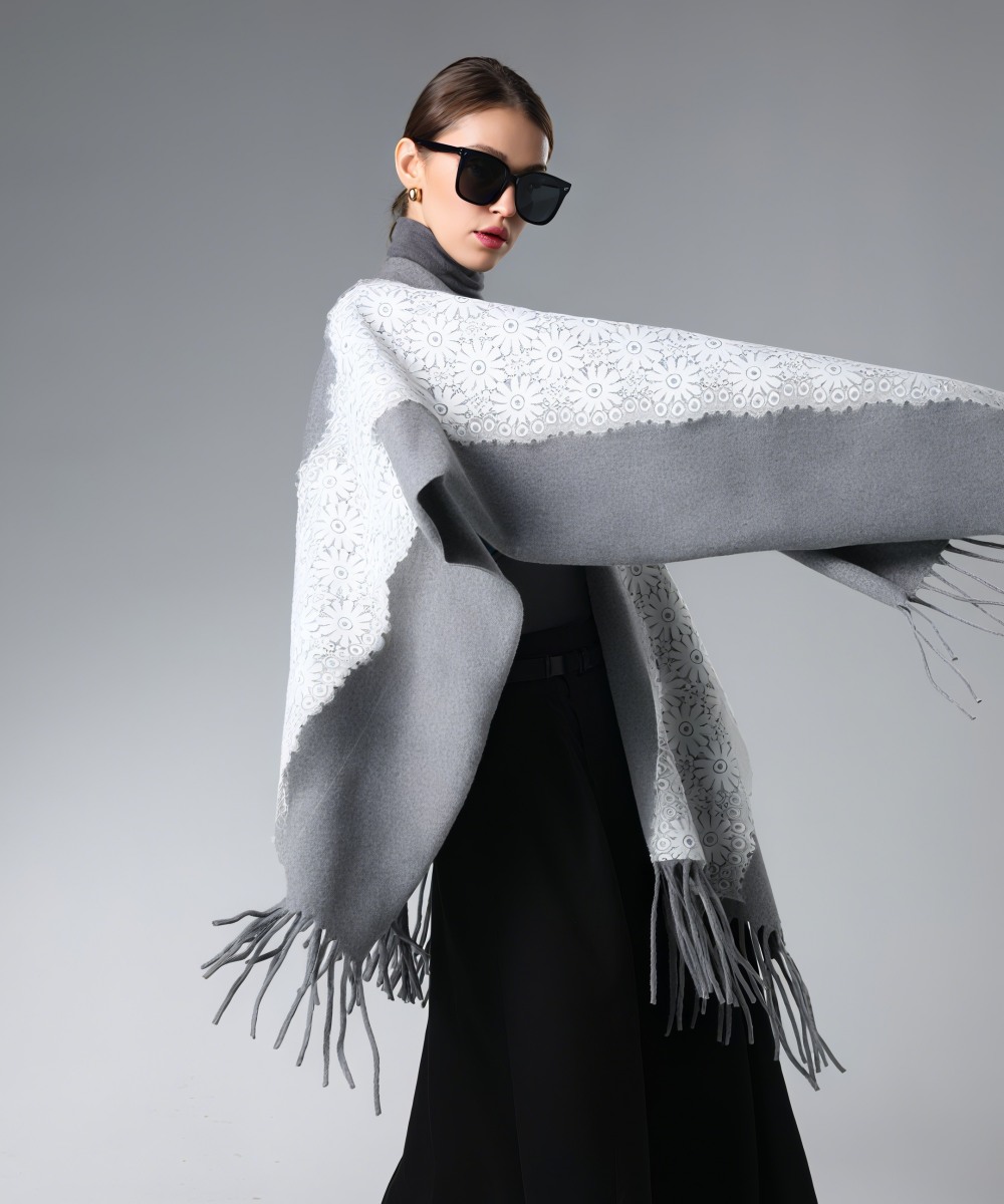 Dealer Fringe Grey Shawl With White Lace