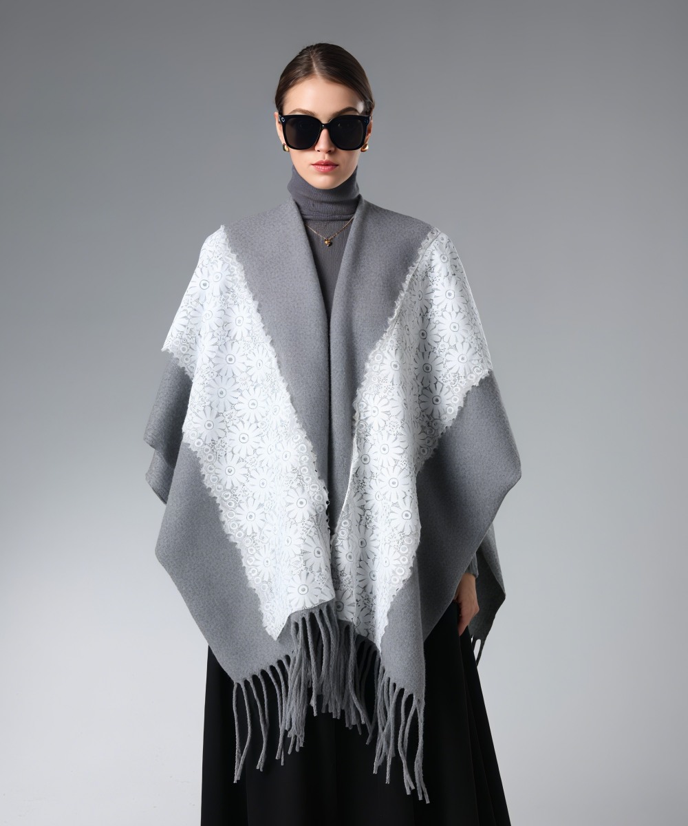 Dealer Fringe Grey Shawl With White Lace