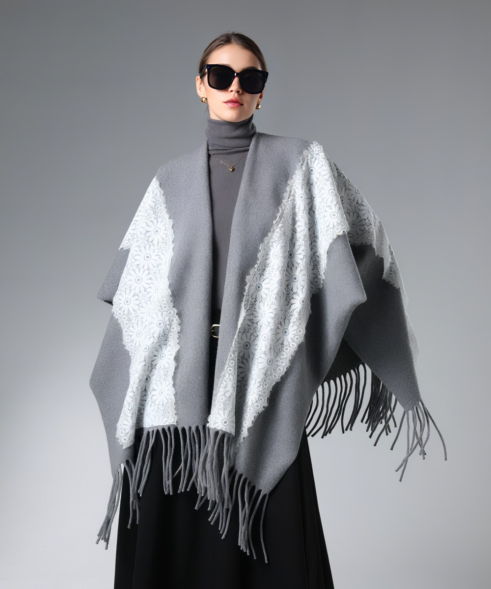 Dealer Fringe Grey Shawl With White Lace