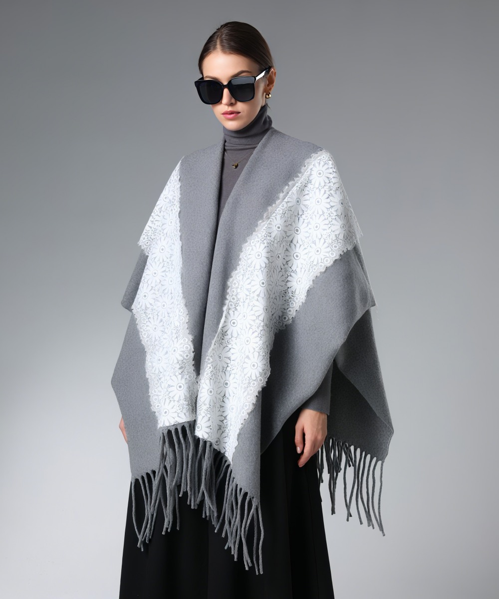Dealer Fringe Grey Shawl With White Lace