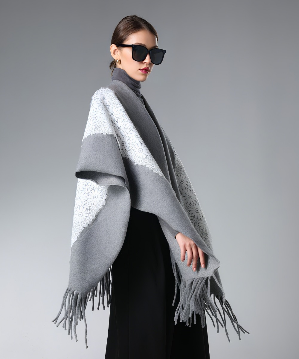 Dealer Fringe Grey Shawl With White Lace