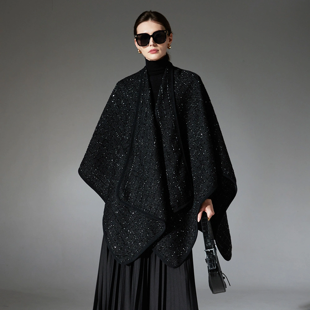 Elegant Evening Black Wool Sequin Shawl Wraps